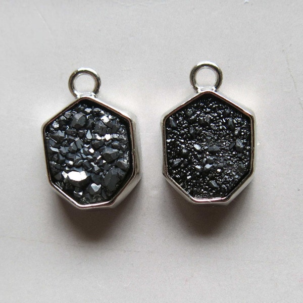 Black Druzy Pendant Set In Silver Plated Bezel  - B1383