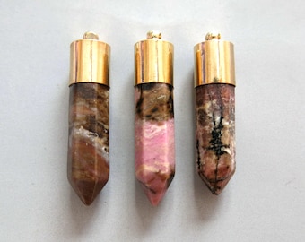 Rhodonite Bullet Point With Raw Brass Cap Pendants - B1672