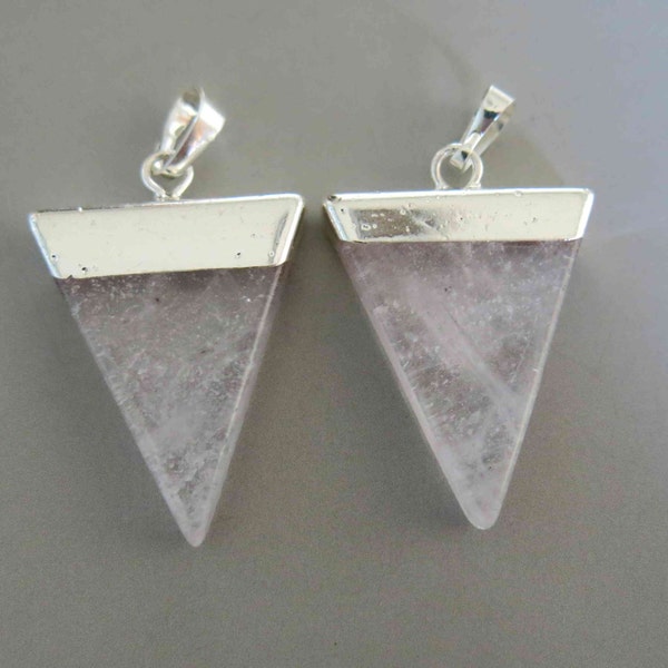 Polished Quartz Crystal Triangle With Silver Cap Pendant - B1001