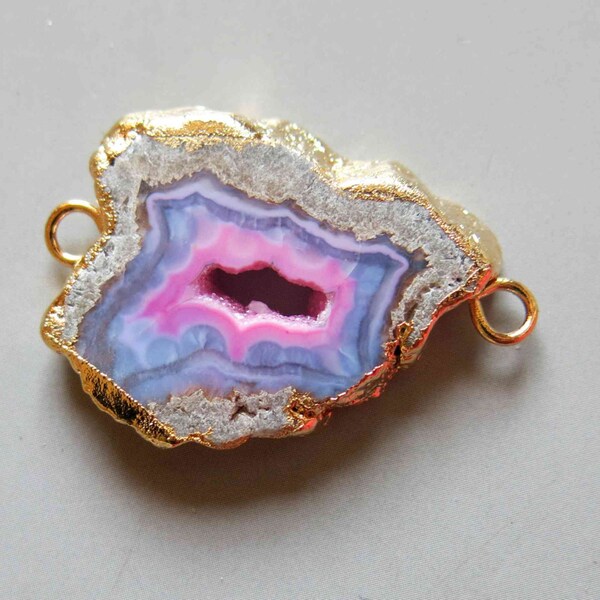 Agate Druzy Slice Pendant with Golden Edge Double Bail Connector Link - C2536