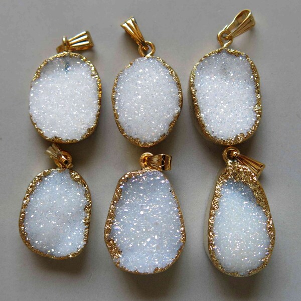 Quartz  White Opal Color Titanium Irregular Shape Druzy Geode Pendant with Golden Edge