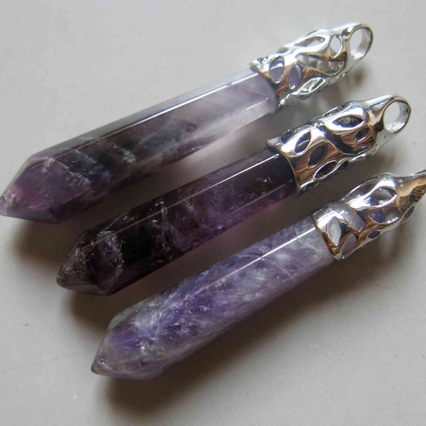 Polished Natural Amethyst Point Pendant With Silver Cap - B325