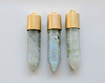 Labradorite Bullet Point With Raw Brass Cap Pendant - B1670
