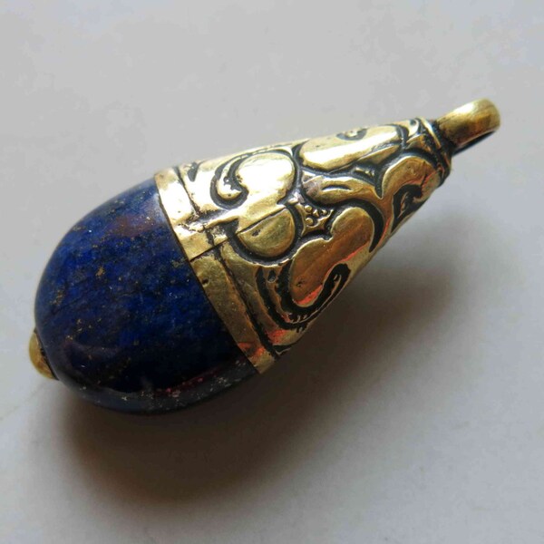 Tibetan Brass Pendant With Lapis lazuli Inlay 43mm x 20mm - A361