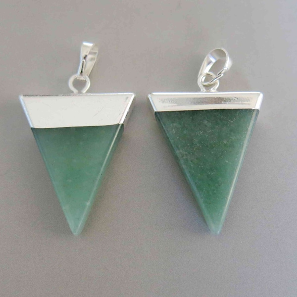 Polished Green Aventurine Quartz Triangle With Silver Cap Pendant - B995