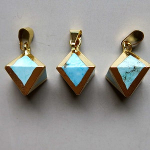 Octahedron shape Turquoise Pendant with Electroplated Gold Edge - B1352