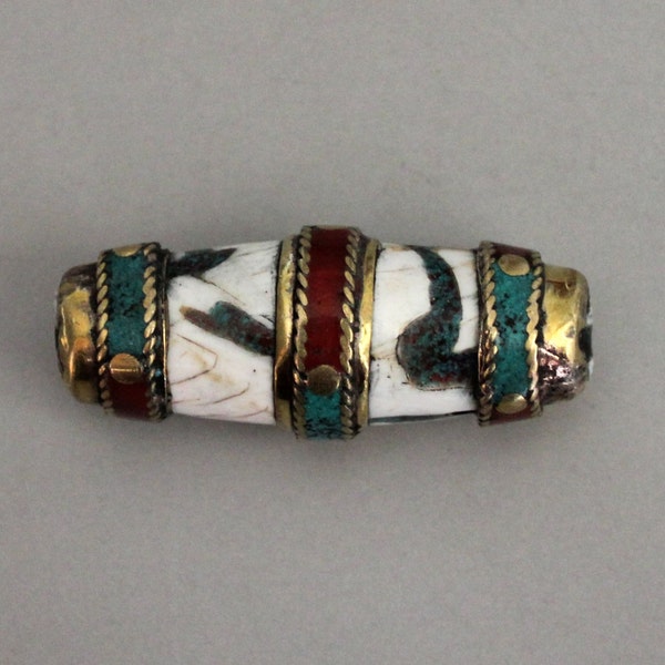 Nepal Tibetan Large Conch Shell Bead With Turquoise Coral Brass Inlay 45mm x 20mm - A160