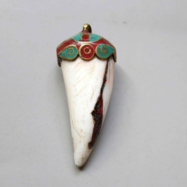 Tibetan Conch Shell Pendant With Brass Turquoise Coral Inlay 65mm x 30mm - A221