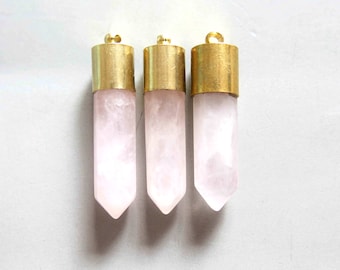Rose Crystal Bullet Point With Raw Brass Cap Pendant - B1652