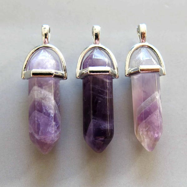 5pcs Polished Natural Amethyst Double Terminated Point With Silver Bail Pendant - B265