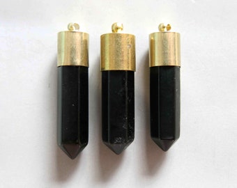 The black agate Bullet Point With Raw Brass Cap Pendant - B1664