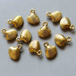 Può includere: Una collezione di dieci ciondoli in metallo color oro a forma di conchiglie. Ogni ciondolo ha un anello nella parte superiore per essere attaccato a una collana, un braccialetto o un altro gioiello.