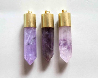 Amethyst Bullet Point With Raw Brass Cap Pendant - B1655