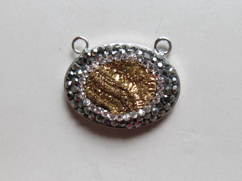 B1409 Pave Rhinestone Golden Druzy Pendant Set In Silver Plated Bezel