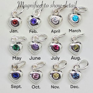 Sterling silver birthstone heart charm cubic zirconia heart charm personalised birthstone colour choice