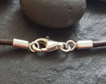 Sterling silver 2mm cord ends with lobster clasp ,solid silver 2mm cord findings , silver thong crimps for 2mm Thong.