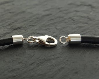 Sterling silver 3mm cord ends with lobster clasp ,solid silver 3mm cord findings , silver thong crimps for 3mm Thong.