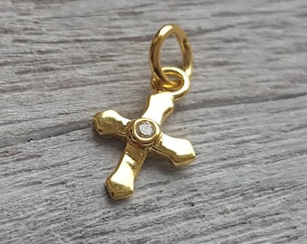 Gold cross charm ,  gold on sterling silver cross charm , small gold zirconia cross charm , christening gift , christening charm