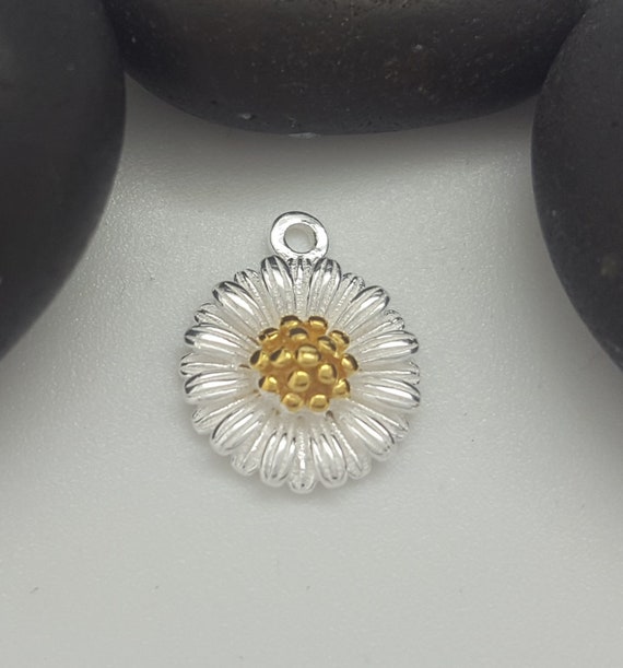 Sterling Silver Daisy Charm Pendant With Gold Centre Solid