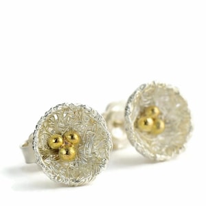 Bird Nest Sterling Silver Stud Earrings: 18ct Gold Eggs, Nature Jewelry