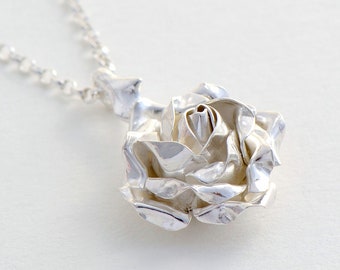 Large Silver Rose Pendant, Sterling Silver Necklace, Rose Flower Pendant, Gift For Her, Engagement Pendant, Floral Pendant, Flower Jewelry