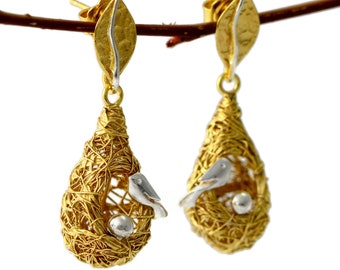 Long Bird Earrings, Bird Nest Earrings, 24K Gold Plated Drop Earrings, Bridal Earrings, OOAK Jewelry, Designer Earrings, Dangle Gold Plated