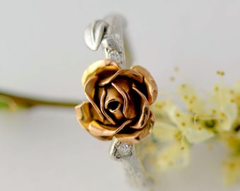 Rose Gold Engagement Ring, Wedding Flower Ring, Rose Diamond Ring, Botanical Jewelry, Gold Twig Ring, Flower Engagement, Wedding Proposal