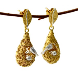 24k Gold Bird Earrings, anniversary Earrings, Statement Earrings, Bird Jewelry, Dangle Earrings, Unique Gift, Sterling Silver, Christmas Gi