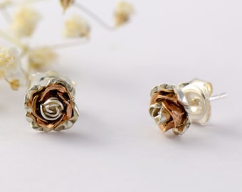 Rose Earrings, Rose Gold Jewelry, 9k Rose Gold Studs, Gift For Her, Dainty Jewelry, Mixed Metals Earrings, Fairy Stud, Flower Stud Earrings