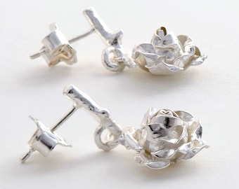 Rose Dangle Earrings, Flower Earrings, Sterling Silver Drop Earrings, Botanical Jewelry, Floral Stud Earrings, Anniversary Gift, Everyday
