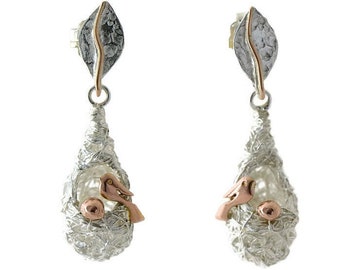 Bird Nest Earrings, Wedding Earrings, Bird Jewelry, Long Earrings, Woman Present, Silver Drop Earrings, Statement Earrings, Gold Dangles,