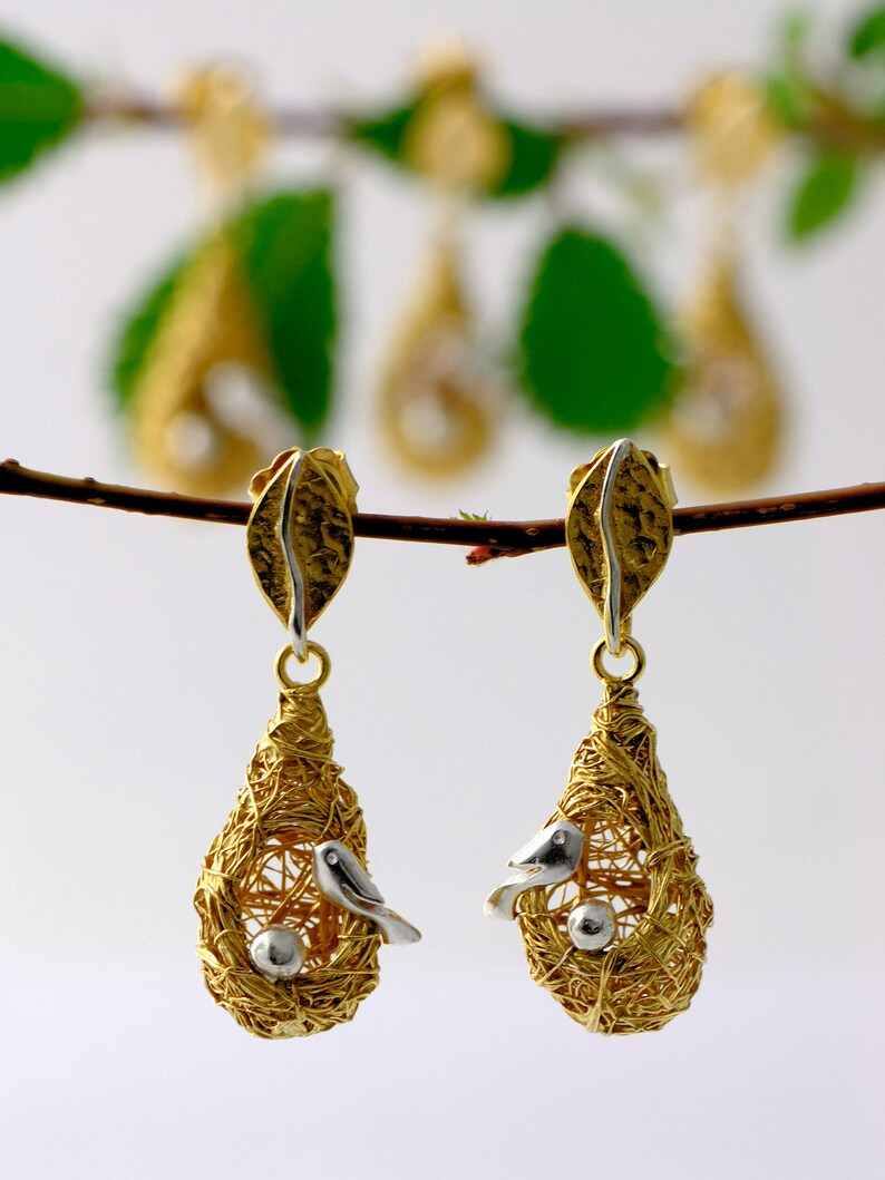 Long Bird Earrings Bird Nest Earrings 24K Gold Plated Drop Etsy