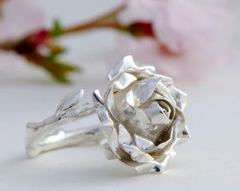 Rose Flower Engagement Ring, Twig Ring For Women, Sterling Silver Ring, Silver Rose Flower Ring, Handmade Jewelry, Graduation Jewelry, Gift