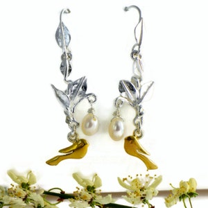 Gold Bird Pearl Drop Earrings: Sterling Silver Nature Jewelry
