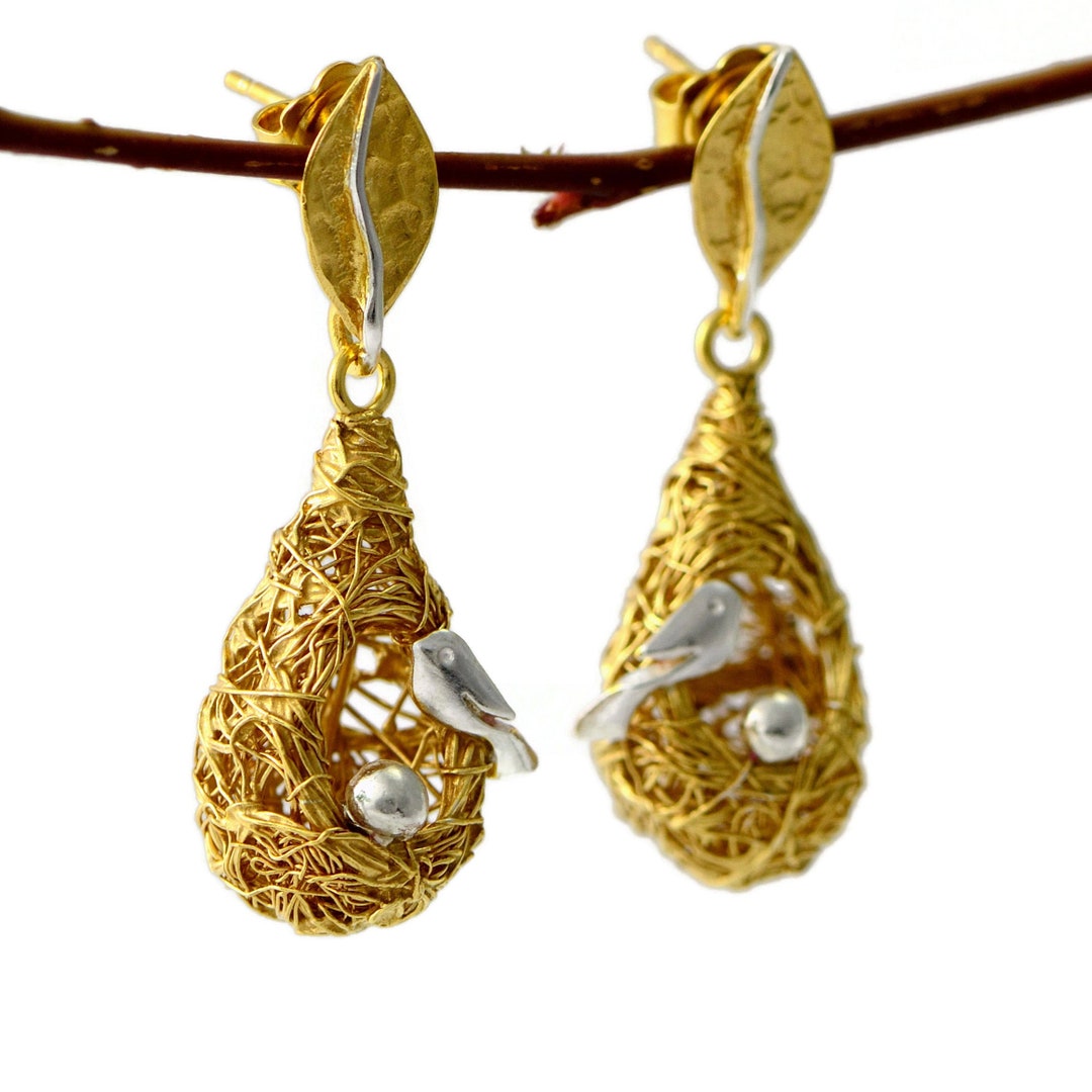 Long Bird Earrings Bird Nest Earrings 24K Gold Plated Drop Etsy