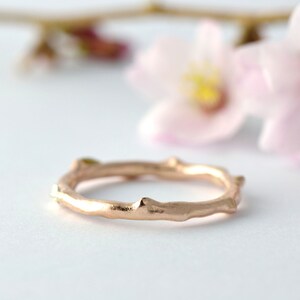 Puede incluir: Un anillo de rama de oro rosa con un dise&ntilde;o delicado y org&aacute;nico. El anillo est&aacute; hecho de metal liso y pulido y presenta una serie de peque&ntilde;as protuberancias redondeadas que se asemejan a las ramas de un &aacute;rbol.