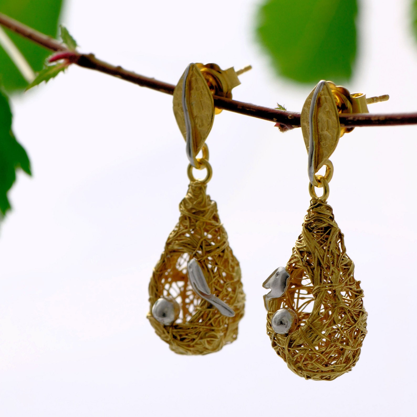 Long Bird Earrings Bird Nest Earrings 24K Gold Plated Drop Etsy