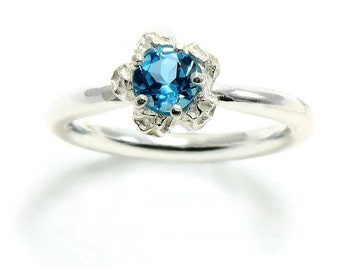 Blue Topaz Flower Engagement Ring, Sterling Silver Promise Ring
