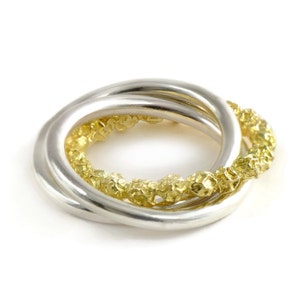 Luxury Rolling Ring, Sterling Silver 18ct Gold Ring, Wedding Ring, Textured Band, Trinity Ring, Handmade Jewelry, Winter Wedding,