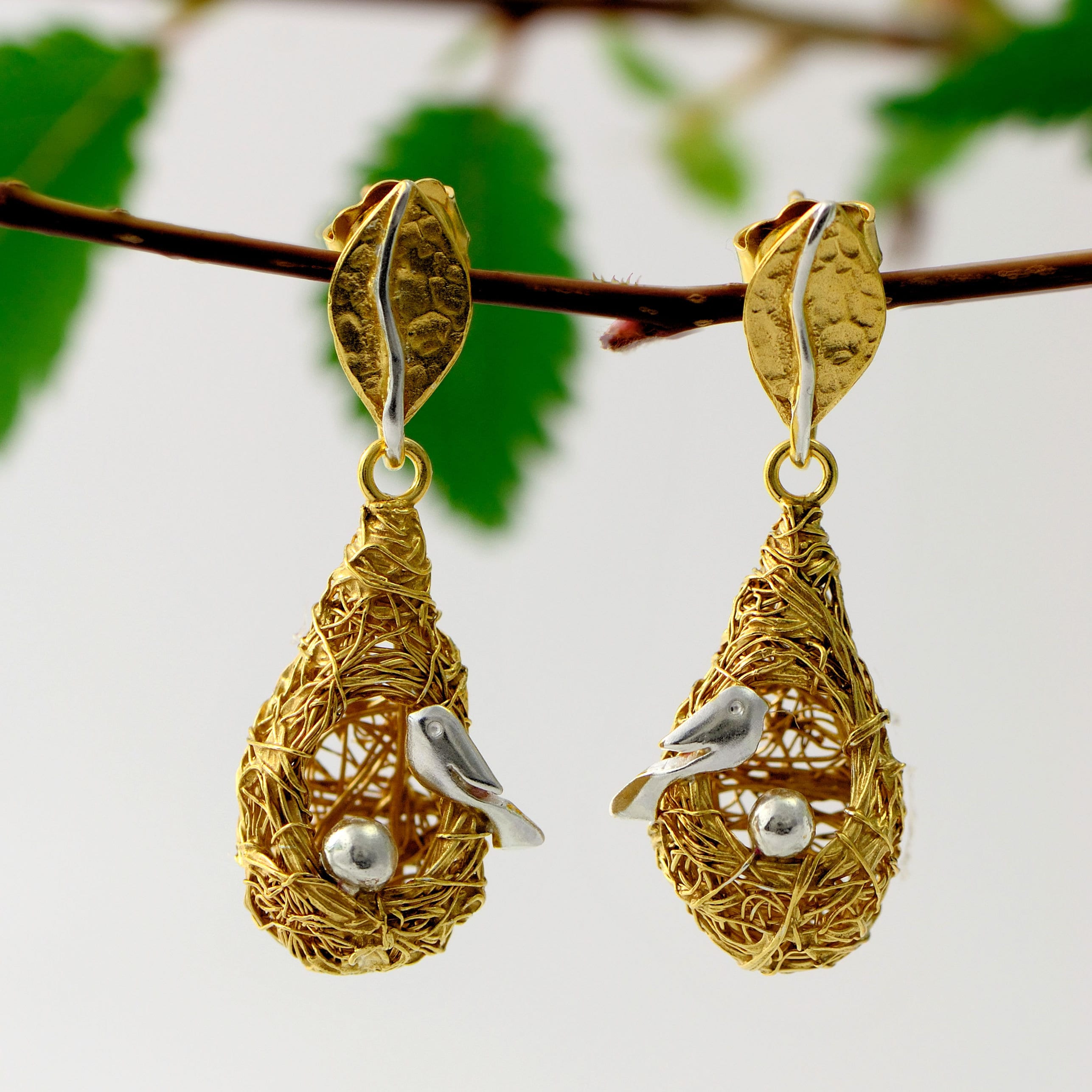 Long Bird Earrings Bird Nest Earrings 24K Gold Plated Drop Etsy
