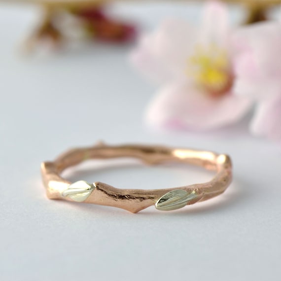 9k Rose Gold Twig Ring: Botanical Leaf Wedding Band