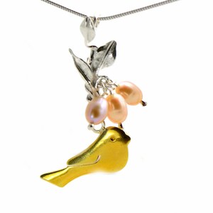Flying Bird Pearl Necklace, Gold And Silver Necklace For Women, Handmade Jewelry, Maid of Honor, Pink Pendant Necklace, Nature Lover Gift