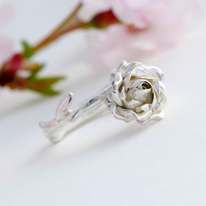 Engagement Rose Ring, Silver Rose Flower Ring, Promise Rose Ring, Sterling Silver Floral Ring, Wedding Proposal Ring, Silver Flower Jewelry
