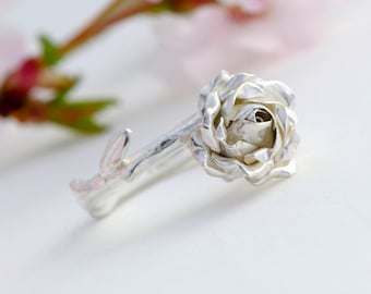Engagement Rose Ring, Silver Rose Flower Ring, Promise Rose Ring, Sterling Silver Floral Ring, Wedding Proposal Ring, Silver Flower Jewelry