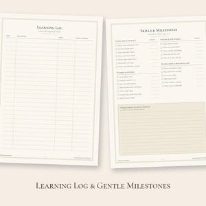 May include: Two off-white printable pages featuring a Learning Log with columns for date, what happened, area, and notes, and a Skills & Milestones page with checklists for language, literacy, numbers, patterns, nature, and practical life.