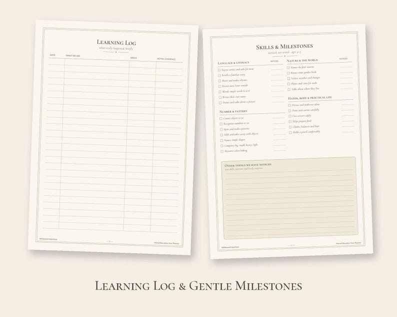 May include: Two off-white printable pages featuring a Learning Log with columns for date, what happened, area, and notes, and a Skills & Milestones page with checklists for language, literacy, numbers, patterns, nature, and practical life.