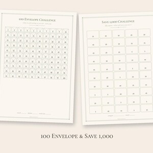 Puede incluir: Dos hojas de papel blanco con cuadr&iacute;culas de seguimiento financiero. La hoja izquierda se titula 100 Envelope Challenge con iconos de sobres numerados del 1 al 100. La hoja derecha se titula Save 1,000 Challenge con casillas rectangulares y n&uacute;meros.