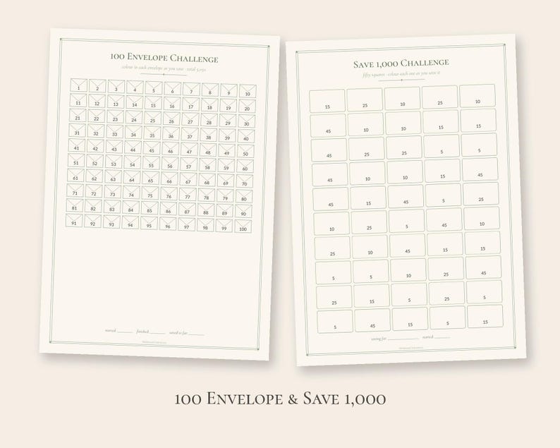 Puede incluir: Dos hojas de papel blanco con cuadr&iacute;culas de seguimiento financiero. La hoja izquierda se titula 100 Envelope Challenge con iconos de sobres numerados del 1 al 100. La hoja derecha se titula Save 1,000 Challenge con casillas rectangulares y n&uacute;meros.