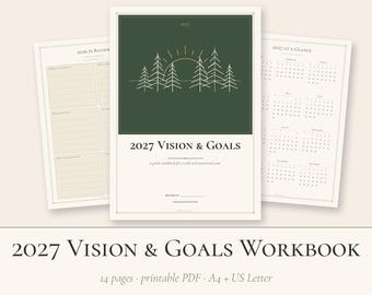 Pode incluir: Um caderno de visão e objetivos para 2027 em PDF imprimível com uma capa verde-escura e um gráfico de linhas douradas de uma floresta e um sol. Inclui uma página de revisão de 2026 e um calendário de 2027 com texto.