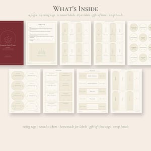 May include: A collection of nine printable pages featuring Forest Gift Tags, including 24 swing tags, 12 round labels, 8 jar labels, gift-of-time tags, and wrap bands. The set includes a dark red cover page and eight light beige sheets with various tag designs, instructions, and text labels for organising and labelling gifts.